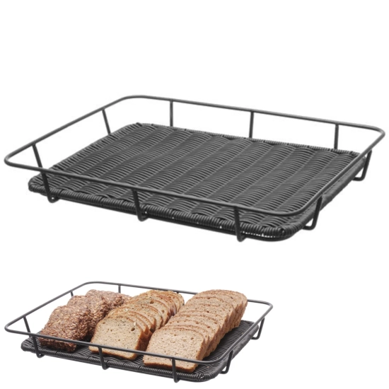 Kosz tacka na pieczywo z ramą ze stali nierdzewnej czarny 400x300x50 mm