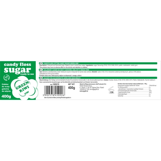 GSG24 Kolorowy cukier do waty cukrowej zielony o smaku kiwi 400g