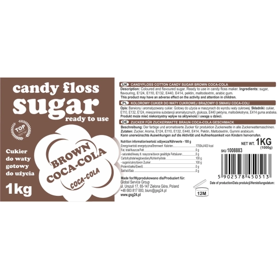 GSG24 Kolorowy cukier do waty cukrowej brązowy o smaku coca-coli 1kg