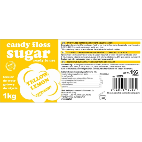 GSG24 Kolorowy cukier do waty cukrowej żółty o smaku cytrynowym 1kg