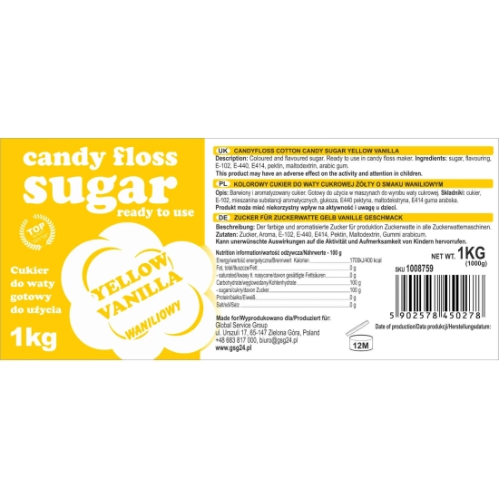 GSG24 Kolorowy cukier do waty cukrowej żółty o smaku waniliowym 1kg