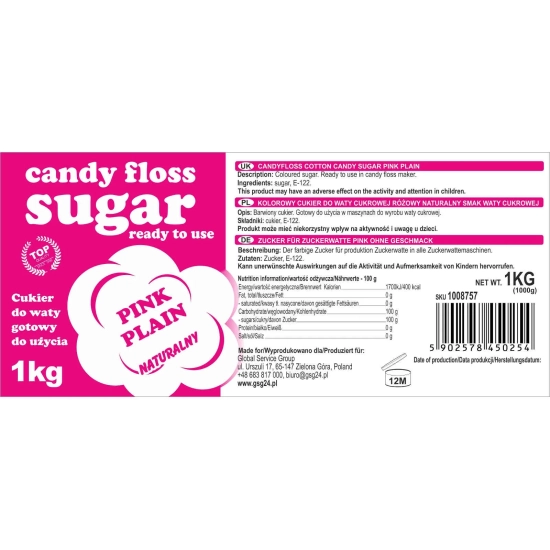GSG24 Kolorowy cukier do waty cukrowej różowy naturalny smak waty cukrowej