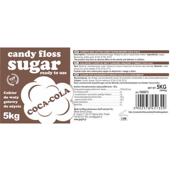 GSG24 Kolorowy smakowy cukier do waty cukrowej brązowy o smaku coca coli
