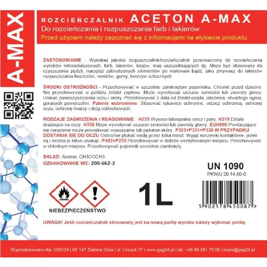 GSG24 Aceton rozpuszczalnik zmywacz A-MAX 1L