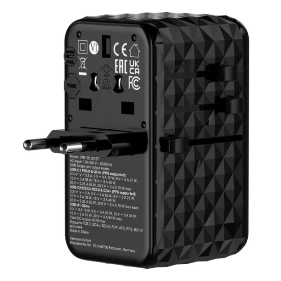 Adapter Verbatim Uniwersalny podróżny CNT-02 GaN III 3 × USB-C PD QC 32127