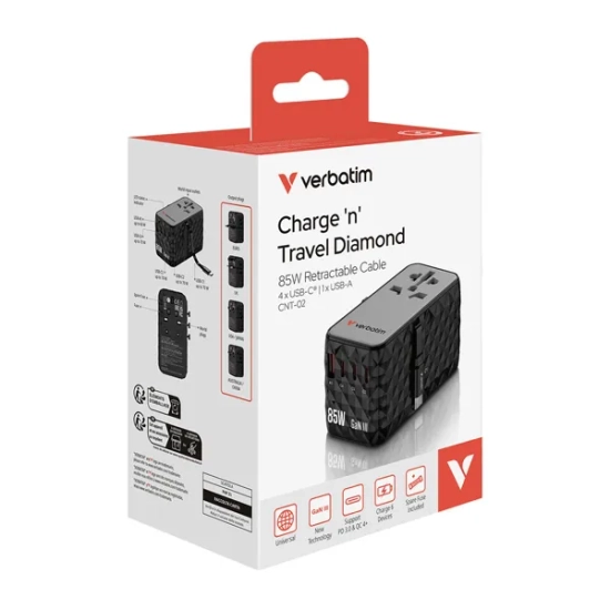 Adapter Verbatim Uniwersalny podróżny CNT-02 GaN III 3 × USB-C PD QC 32127
