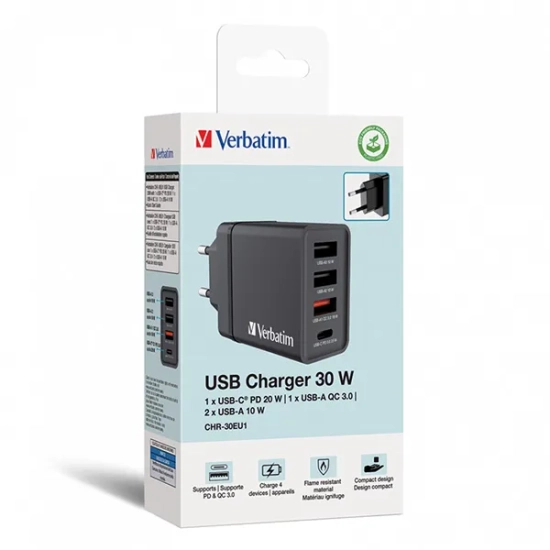 Verbatim 49700 ładowarka sieciowa USB 30 W, 4 porty, czarna — produkt na białym tle