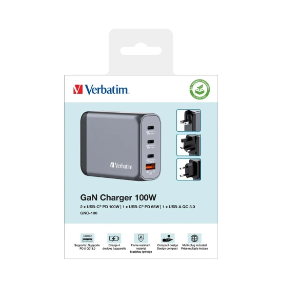 Ładowarka Verbatim GaN 32202 100W 3x USB-C + USB-A