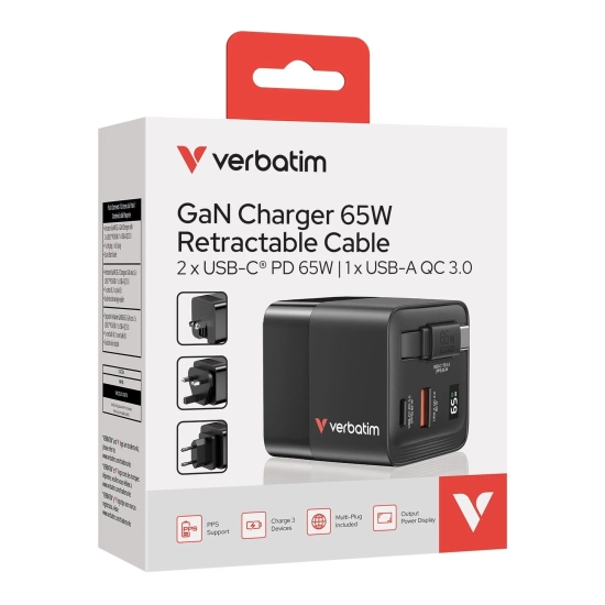 Ładowarka Verbatim GaN 32217 65W ze zwijanym USB-C