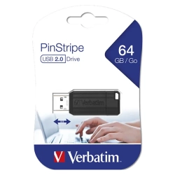 Pendrive Verbatim PinStripe 64 GB, model 49065, czarna obudowa z wysuwanym złączem USB-A.