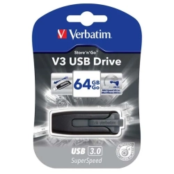 Pendrive Verbatim Store ’n’ Go V3 64 GB, model 49174, szara obudowa z wysuwanym złączem USB-A.