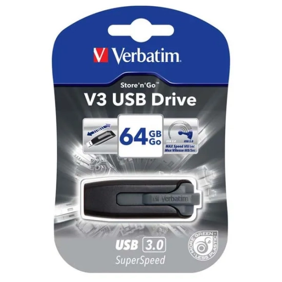 Pendrive Verbatim Store ’n’ Go V3 64 GB, model 49174, szara obudowa z wysuwanym złączem USB-A.