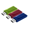 Zestaw Verbatim Slider 49326: trzy pendrive’y 16 GB w kolorach czerwonym, niebieskim i zielonym, z wysuwanym złączem USB