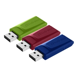 Zestaw Verbatim Slider 49326: trzy pendrive’y 16 GB w kolorach czerwonym, niebieskim i zielonym, z wysuwanym złączem USB
