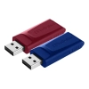 Zestaw Verbatim Slider 49327: dwa pendrive’y 32 GB w kolorach czerwonym i niebieskim, z wysuwanym złączem USB-A.