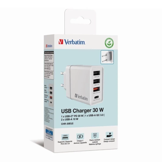 Verbatim 49701 ładowarka sieciowa USB 30 W, 4 porty, biała