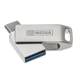 MyMedia MyDual 32 GB 69269 – srebrny metalowy pendrive z obrotowymi złączami USB-A i USB-C.