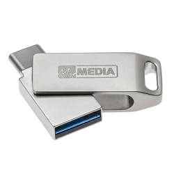 MyMedia MyDual 128 GB 69271 – srebrny metalowy pendrive z obrotowymi złączami USB-A i USB-C.
