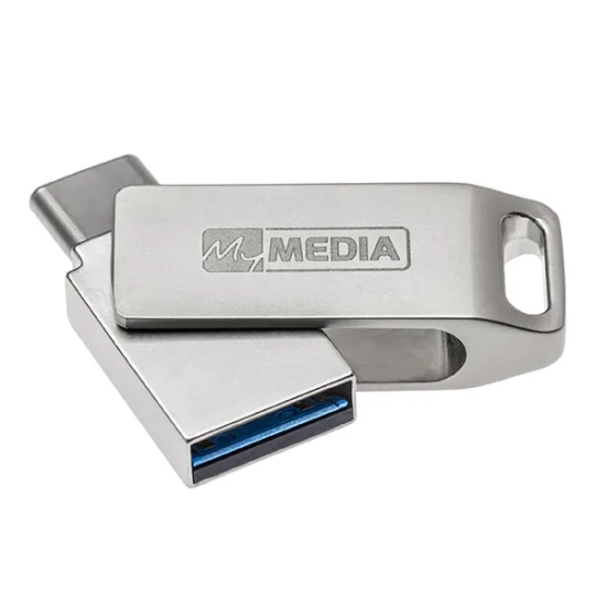 MyMedia MyDual 128 GB 69271 – srebrny metalowy pendrive z obrotowymi złączami USB-A i USB-C.