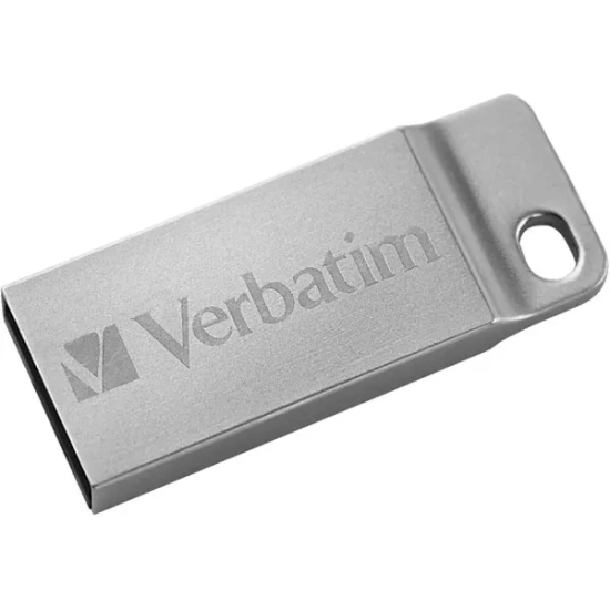 Pendrive Verbatim Metal Executive 16 GB, model 98748, srebrna metalowa obudowa ze złączem USB-A i metalowym brelokiem.
