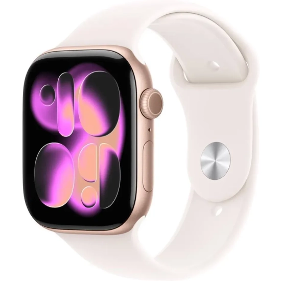 Apple Watch Series 11 46 mm GPS; koperta 46 mm, materiał: aluminium, kolor: różowe złoto; pasek sportowy, kolor: jasnoró