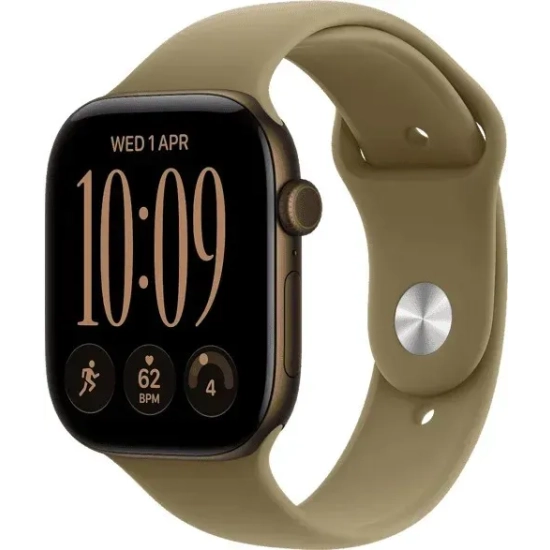 Apple Watch Series 12 46 mm GPS; koperta 46 mm, materiał: aluminium, kolor: ciemny brąz; pasek sportowy, kolor: oliwkowy