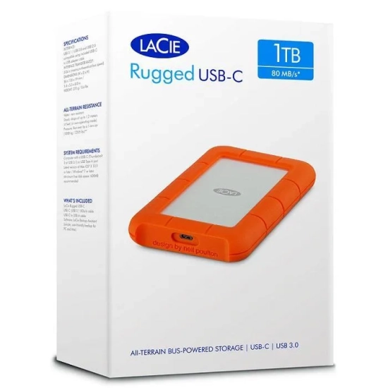 Pomarańczowy zewnętrzny dysk LaCie Rugged USB-C 1 TB, model STFR1000800.