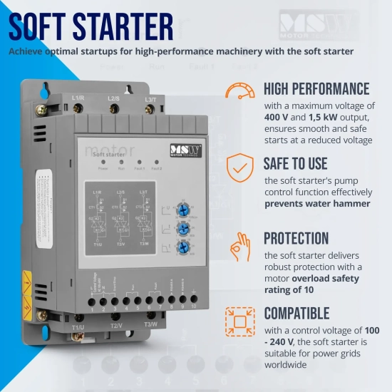 MSW Soft starter do łagodnego rozruchu silników 3 A 1.5 kW 400 / 100-240 V