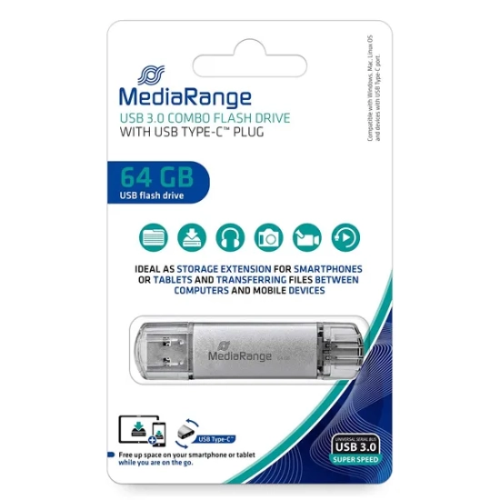 Srebrny pendrive MediaRange MR937 64 GB z dwoma złączami USB-A i USB-C oraz ochronnymi nasadkami.