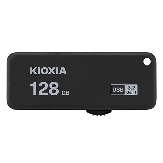 Pendrive KIOXIA TransMemory U365 128 GB, model LU365K128GG4, czarna obudowa z wysuwanym złączem USB-A.