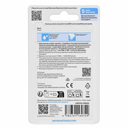 Karta pamięci KIOXIA EXCERIA G3 128 GB, format microSDXC, model LMEX3L128GG2, kolor niebieski.