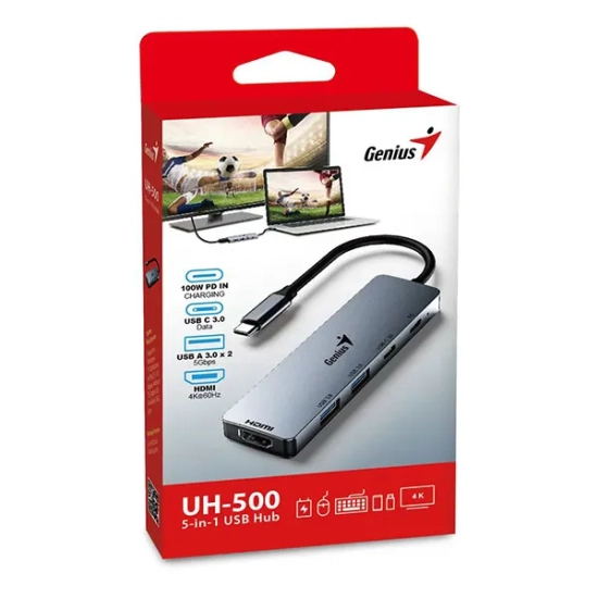 Hub USB Genius z 5 portami, UH-500, szary, 2x USB 3.0,1x HDMI 31240003400