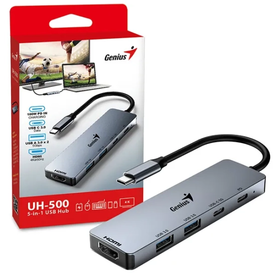 Hub USB Genius z 5 portami, UH-500, szary, 2x USB 3.0,1x HDMI 31240003400