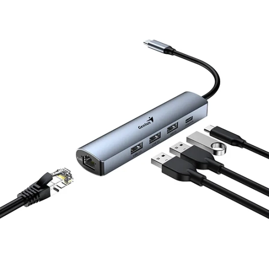 Hub USB Genius z 4 portami, UH-545, szary, 3x USB 3.0, 1x RJ45 31240004400