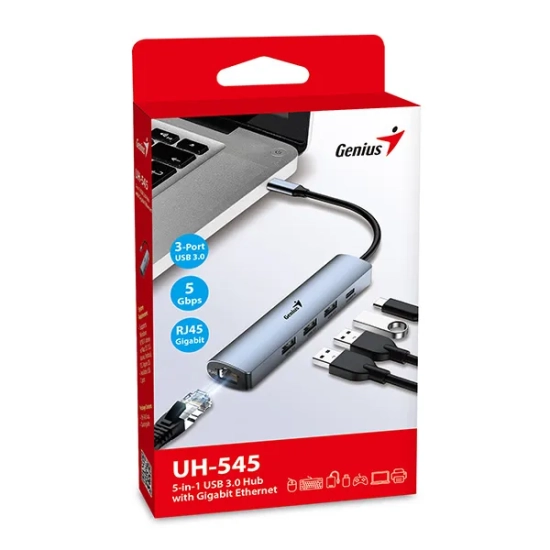 Hub USB Genius z 4 portami, UH-545, szary, 3x USB 3.0, 1x RJ45 31240004400