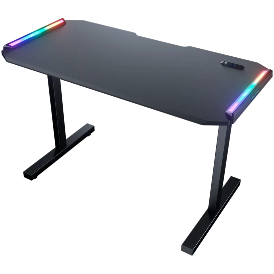 Czarne biurko COUGAR Deimus 120 z matowym blatem MDF, dwustronnymi pasami RGB i panelem portów na krawędzi.