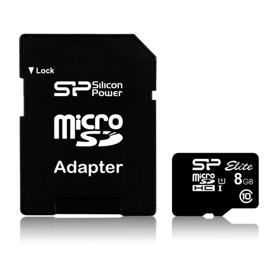 Karta pamięci Silicon Power Elite 8 GB, format microSDHC, model SP008GBSTHBU1V10SP, kolor czarny.