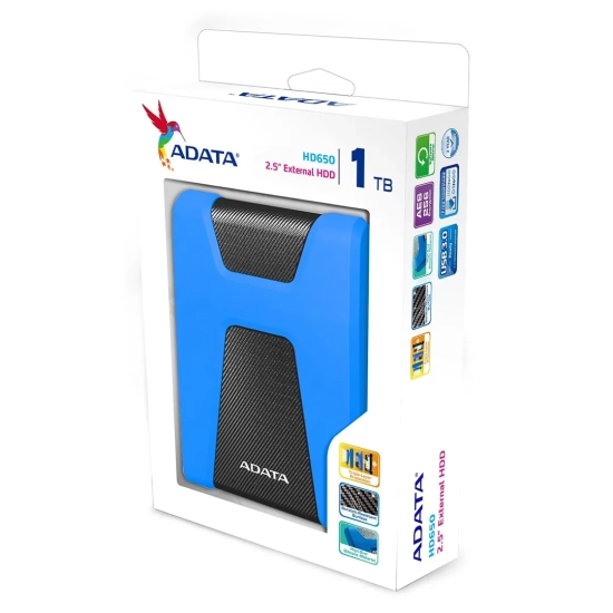 Zewnętrzny dysk HDD ADATA HD650 1 TB w kolorze niebieskim, wariant AHD650-1TU31-CBL.