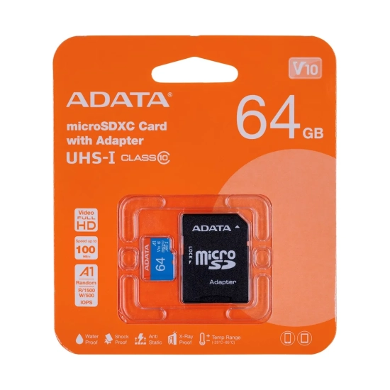 Karta pamięci ADATA Premier 64 GB, format microSDXC, model AUSDX64GUICL10A1-RA1, kolor czarny.