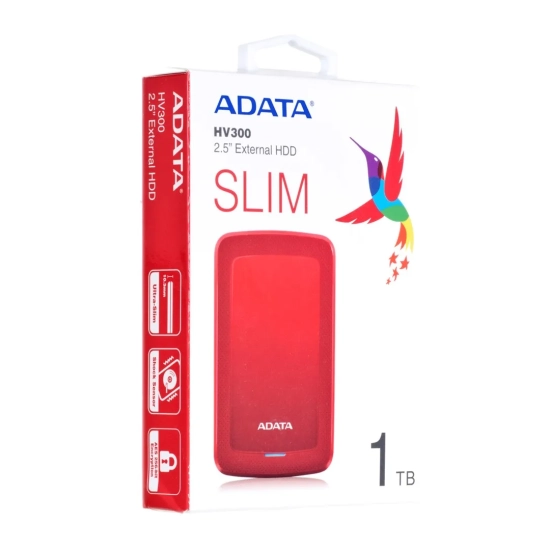 Czerwony zewnętrzny dysk ADATA HV300 1 TB, model AHV300-1TU31-CRD.
