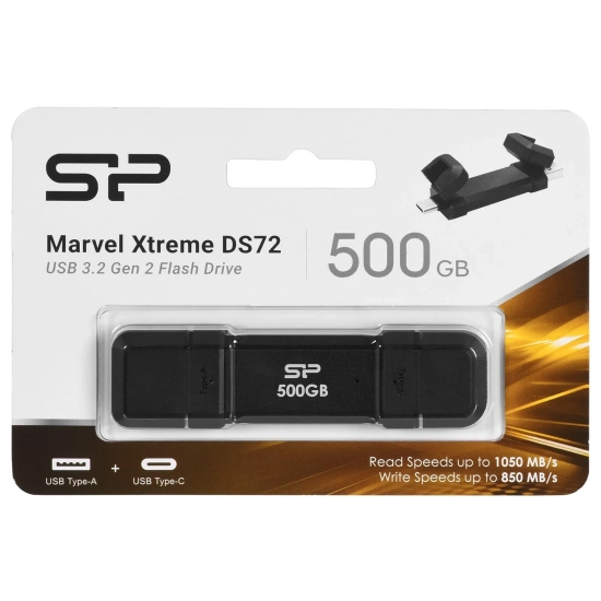 Silicon Power DS72 500 GB SP500GBUC3S72VPK – kompaktowy przenośny SSD z dwoma złączami USB-A i USB-C.