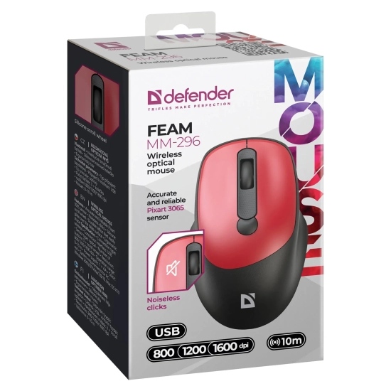 Mysz komputerowa DEFENDER FEAM MM-296 bezprzewodowa, czarno-czerwona 52299