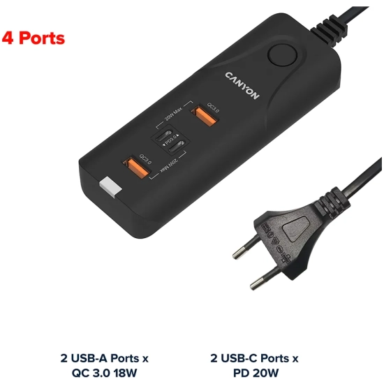 Canyon Ładowarka H-10 40 W 2x USB-C 2x USB-A czarna