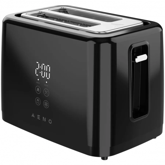 AENO TS2B ATS0002B – czarny toster z cyfrowym wyświetlaczem, panelem sterowania i szczelinami na pieczywo.