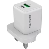 Biała ładowarka CANYON CU20AC GaN 20 W z portami USB-C i USB-A oraz wtyczką UK.