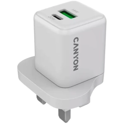 Biała ładowarka CANYON CU20AC GaN 20 W z portami USB-C i USB-A oraz wtyczką UK.