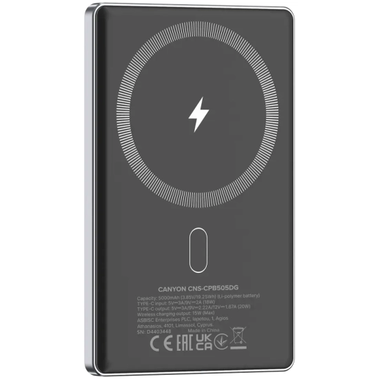 CANYON Powerbank OnPower 505 MagSafe 5000 mAh 20W ciemnoszary
