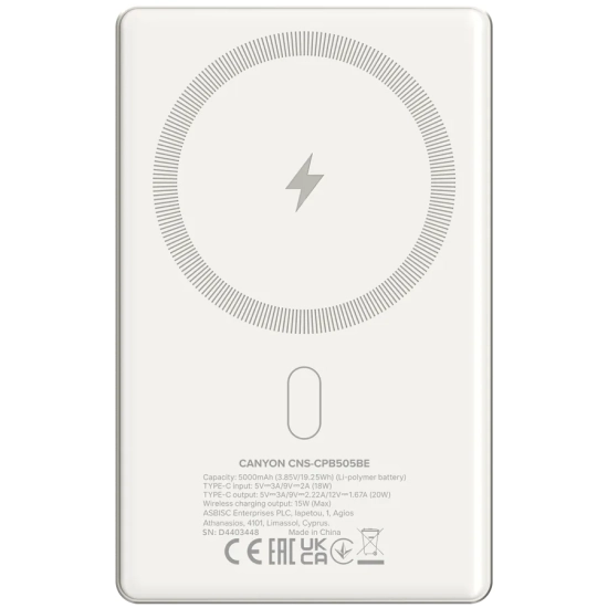 CANYON Powerbank OnPower 505 slim Magsafe 5000 mAh PD20W Beżowy