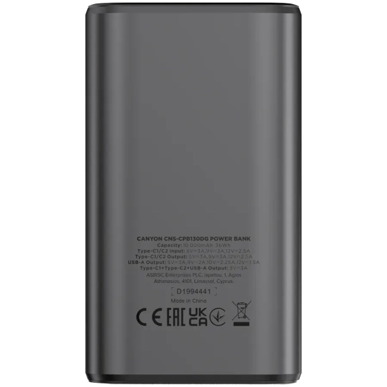 CANYON Powerbank OnPower 130 10000 mAh 30W TFT grafitowy