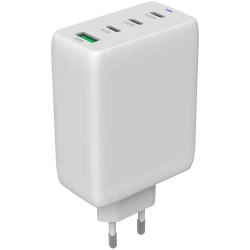 Biała ładowarka sieciowa CANYON CU100ACC GaN 100 W z trzema portami USB-C i jednym USB-A.